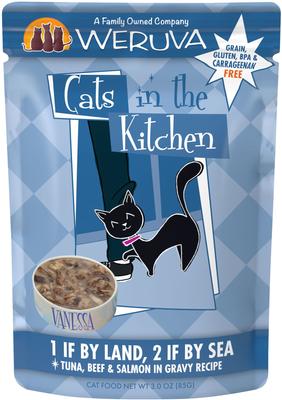 Show full view: Weruva Cats in the Kitchen Pumpkin Jack Splash Tuna in Pumpkin Soup + Cats in the Kitchen 1 If By Land, 2 If By Sea Tuna, Beef & Salmon Recipe Cat Food Pouches slide 7 of 9