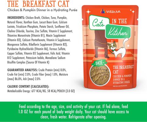 Show full view: Weruva Cats in the Kitchen The Breakfast Cat with Chicken & Pumpkin Grain-Free Cat Food Pouches, 3-oz pouch, case of 12 slide 5 of 13