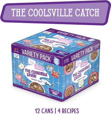Show full view: Weruva Cats in the Kitchen The Coolsville Catch! Variety Pack Grain-Free Wet Cat Food, 3.2-oz can, case of 12 slide 4 of 12