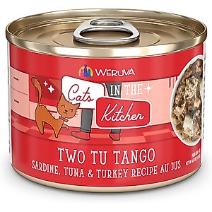Weruva Cats in the Kitchen Two Tu Tango Sardine, Tuna & Turkey Au Jus Grain-Free Canned Cat Food, 6-oz, case of 24