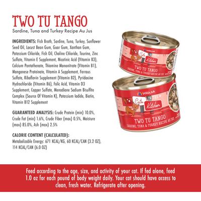 Show full view: Weruva Cats in the Kitchen Two Tu Tango Sardine, Tuna & Turkey Au Jus Grain-Free Canned Cat Food, 6-oz, case of 24 slide 10 of 13