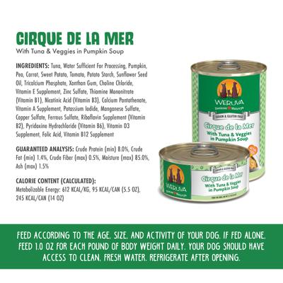 Show full view: Weruva Cirque De La Mer with Tuna & Veggies in Pumpkin Soup Grain-Free Canned Dog Food, 5.5-oz, case of 24 slide 5 of 12