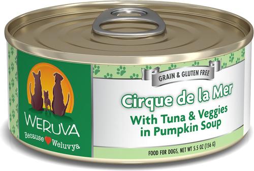 Show full view: Weruva Cirque De La Mer with Tuna & Veggies in Pumpkin Soup + Marbella Paella with Mackerel & Pumpkin in Aspic Canned Dog Food slide 3 of 9