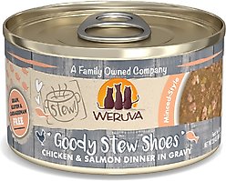 Weruva Classic Cat Goody Stew Shoes Chicken & Salmon in Gravy Stew Canned Cat Food, 2.8-oz can, case of 12
