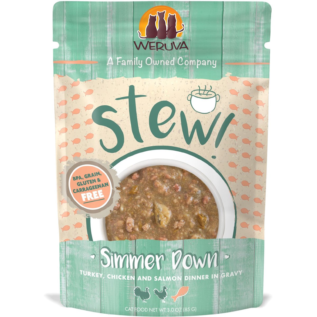 Weruva Classic Cat Simmer Down Turkey, Chicken & Salmon in Gravy Stew Cat Food Pouches, 3-oz pouch, 12 count