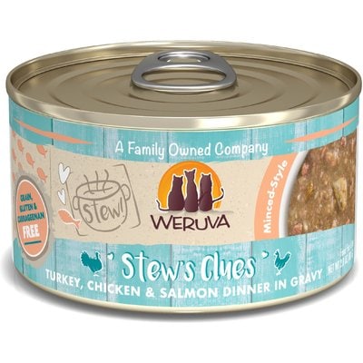 Weruva Weruva Classic Cat Stew's Clues Turkey, Chicken & Salmon in Gravy Stew Wet Canned Cat Food, 2.8-oz can, case of 12