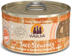 Weruva Classic Cat Taco Stewsday Beef, Chicken & Salmon in Gravy Canned Cat Food, 2.8-oz can, case of 12 slide 1 of 8
