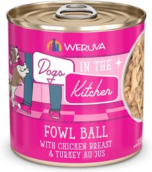 Weruva Dogs in the Kitchen Fowl Ball with Chicken Breast & Turkey Au Jus Grain-Free Canned Dog Food, 10-oz can, 12 count
