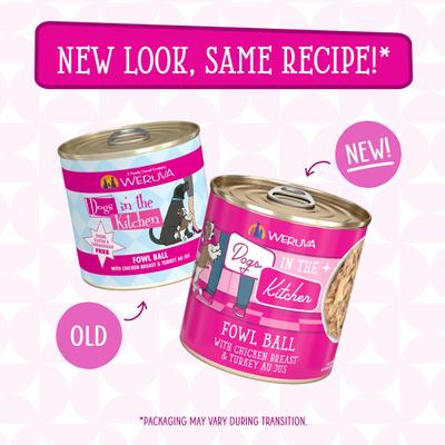 Show full view: Weruva Dogs in the Kitchen Fowl Ball with Chicken Breast & Turkey Au Jus Grain-Free Canned Dog Food, 10-oz can, 12 count slide 9 of 12
