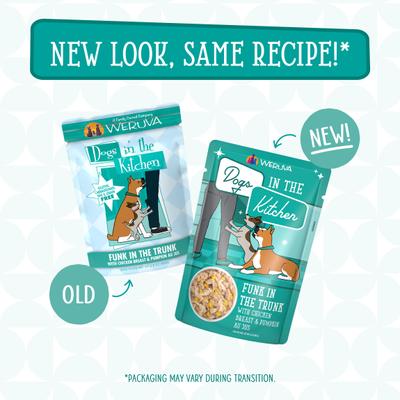 Show full view: Weruva Dogs in the Kitchen Funk in the Trunk with Chicken Breast & Pumpkin Au Jus Grain-Free Dog Food Pouches, 2.8-oz pouch, 12 count slide 10 of 12