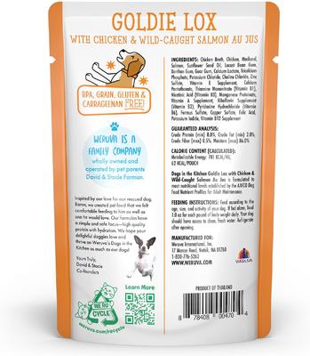 Show full view: Weruva Dogs in the Kitchen Goldie Lox with Chicken & Wild Caught Salmon Au Jus Grain-Free Dog Food Pouches, 2.8-oz pouch, 12 count slide 4 of 12