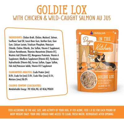 Show full view: Weruva Dogs in the Kitchen Goldie Lox with Chicken & Wild Caught Salmon Au Jus Grain-Free Dog Food Pouches, 2.8-oz pouch, 12 count slide 7 of 12