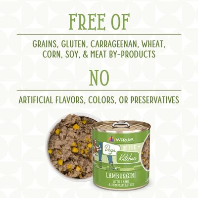 Show full view: Weruva Dogs in the Kitchen Lamburgini with Lamb & Pumpkin Au Jus Grain-Free Canned Dog Food, 10-oz can, 12 count slide 5 of 12
