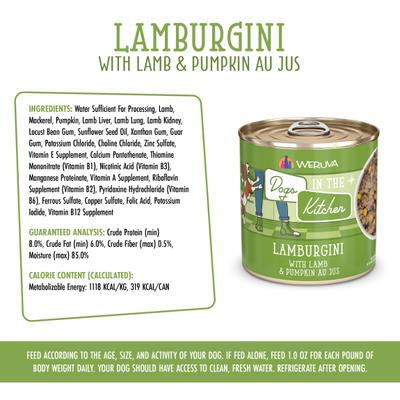 Show full view: Weruva Dogs in the Kitchen Lamburgini with Lamb & Pumpkin Au Jus Grain-Free Canned Dog Food, 10-oz can, 12 count slide 7 of 12