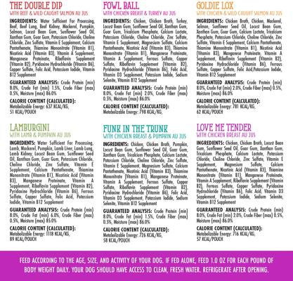 Show full view: Weruva Dogs in the Kitchen Pooch Pouch Party! Variety Pack Grain-Free Dog Food Pouches, 2.8-oz pouch, bundle of 36  slide 7 of 12