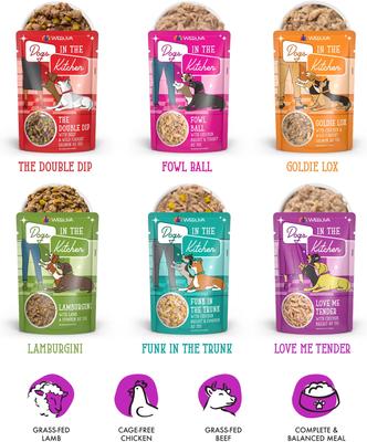Show full view: Weruva Dogs in the Kitchen Pooch Pouch Party! Variety Pack Grain-Free Dog Food Pouches, 2.8-oz pouch, bundle of 36  slide 4 of 12