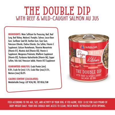 Show full view: Weruva Dogs in the Kitchen The Double Dip with Beef & Wild Caught Salmon Au Jus Grain-Free Canned Dog Food, 10-oz can, 12 count slide 7 of 12