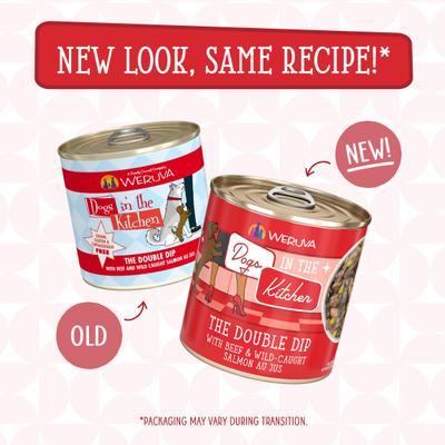 Show full view: Weruva Dogs in the Kitchen The Double Dip with Beef & Wild Caught Salmon Au Jus Grain-Free Canned Dog Food, 10-oz can, 12 count slide 9 of 12