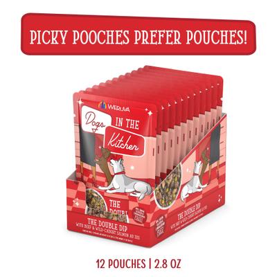 Show full view: Weruva Dogs in the Kitchen The Double Dip with Beef & Wild Caught Salmon Au Jus Grain-Free Dog Food Pouches, 2.8-oz pouch, 12 count slide 3 of 12