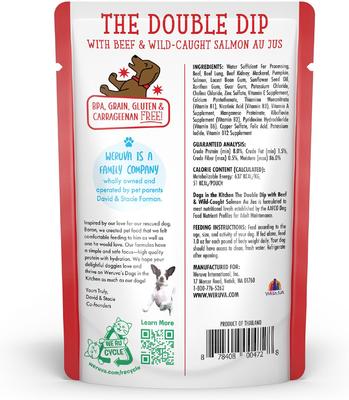 Show full view: Weruva Dogs in the Kitchen The Double Dip with Beef & Wild Caught Salmon Au Jus Grain-Free Dog Food Pouches, 2.8-oz pouch, 12 count slide 4 of 12