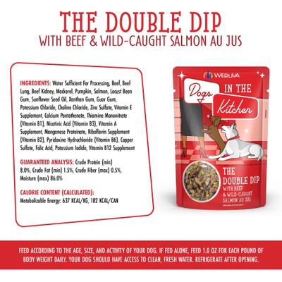 Show full view: Weruva Dogs in the Kitchen The Double Dip with Beef & Wild Caught Salmon Au Jus Grain-Free Dog Food Pouches, 2.8-oz pouch, 12 count slide 7 of 12
