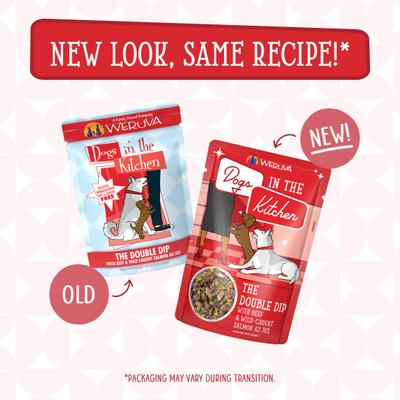 Show full view: Weruva Dogs in the Kitchen The Double Dip with Beef & Wild Caught Salmon Au Jus Grain-Free Dog Food Pouches, 2.8-oz pouch, 12 count slide 10 of 12