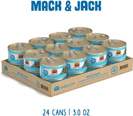 Show full view: Weruva Mack & Jack with Mackerel & Grilled Skipjack Grain-Free Canned Cat Food, 3-oz, case of 24 slide 3 of 13