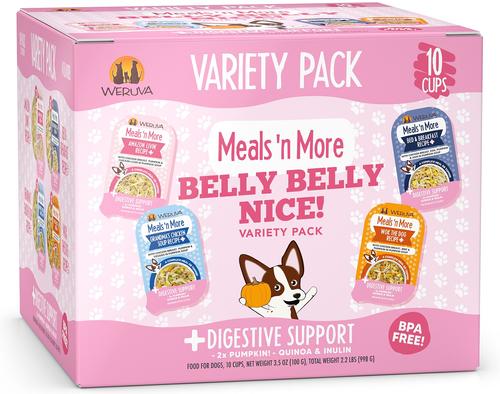 Show full view: Weruva Meals 'n More Natural Wet Dog Food, Belly Belly Nice! Digestive Support Variety Pack, 3.5-oz cup, 10 count slide 1 of 13