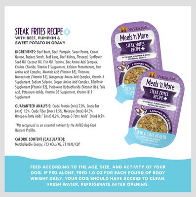 Show full view: Weruva Meals 'n More Natural Wet Dog Food, Steak Frites Dinner Plus Skin & Coat Health, 3.5-oz cup, 12 count slide 5 of 13