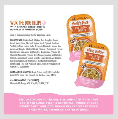 Show full view: Weruva Meals 'n More Natural Wet Dog Food, Wok The Dog Plus Digestive Support, 3.5-oz cup, 12 count slide 5 of 13