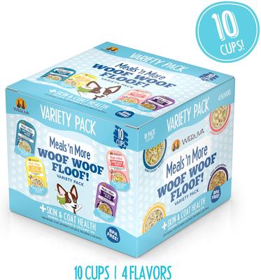 Show full view: Weruva Meals 'n More Natural Wet Dog Food, Woof Woof Floof! Skin & Coat Health Variety Pack, 3.5-oz cup, 10 count slide 3 of 13