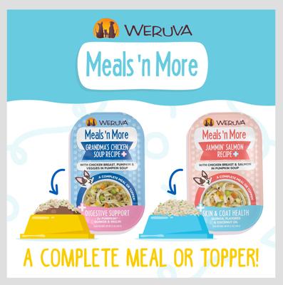 Show full view: Weruva Meals 'n More Natural Wet Dog Food, Woof Woof Floof! Skin & Coat Health Variety Pack, 3.5-oz cup, 10 count slide 8 of 13