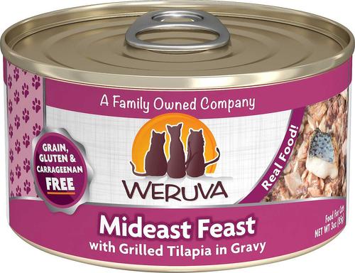 Show full view: Weruva Paw Lickin' Chicken in Gravy Grain-Free Canned Cat Food, 3-oz, case of 24 + Weruva Mideast Feast with Grilled Tilapia in Gravy Grain-Free Canned Cat Food, 3-oz, case of 24 slide 4 of 5