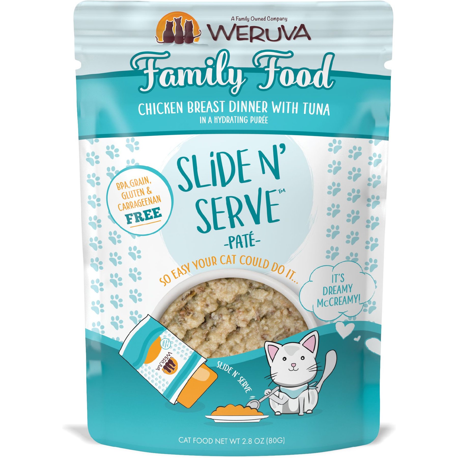 Weruva Slide N' Serve Family Food Chicken Breast Dinner with Tuna Pate Grain-Free Cat Food Pouches, 2.8-oz pouch, case of 12