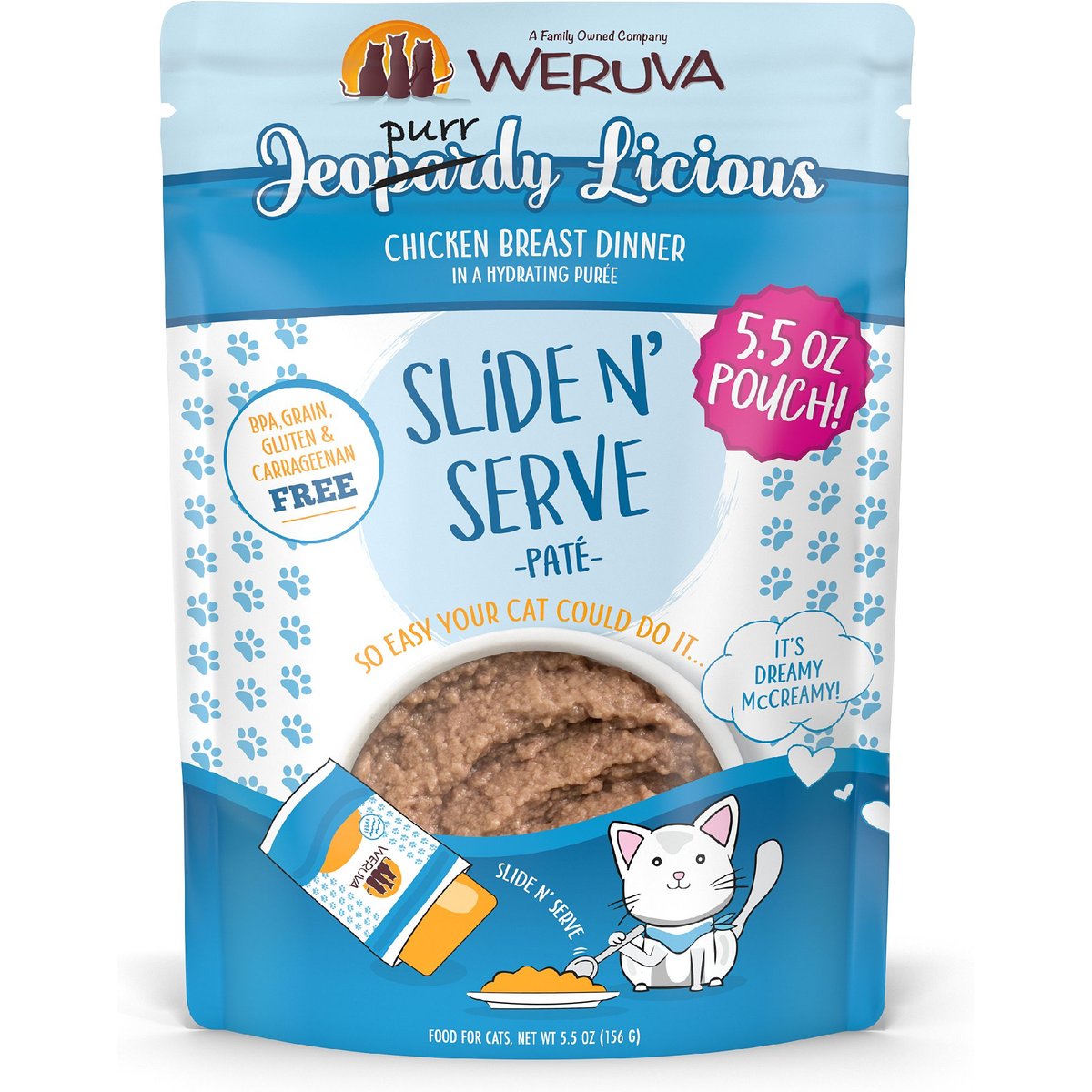 Weruva Slide N' Serve Jeopurrdy Licious Chicken Dinner Pate Grain-Free Cat Food Pouches, 5.5-oz pouch, case of 12