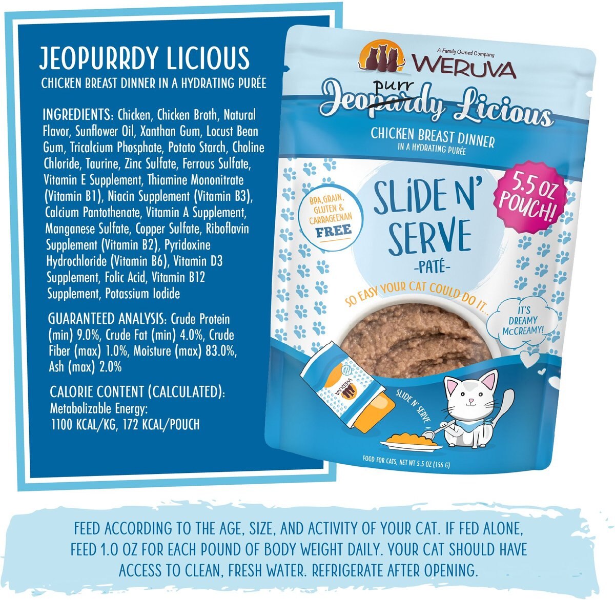 Weruva Slide N' Serve Jeopurrdy Licious Chicken Dinner Pate Grain-Free Cat Food Pouches