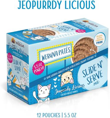 Show full view: Weruva Slide N' Serve Jeopurrdy Licious Chicken Dinner Pate Grain-Free Cat Food Pouches, 5.5-oz pouch, case of 12 slide 9 of 13
