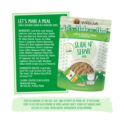 Show full view: Weruva Slide N' Serve Let's Make a Meal Lamb & Mackerel Dinner Pate Grain-Free Cat Food Pouches, 2.8-oz pouch, case of 12 slide 6 of 13