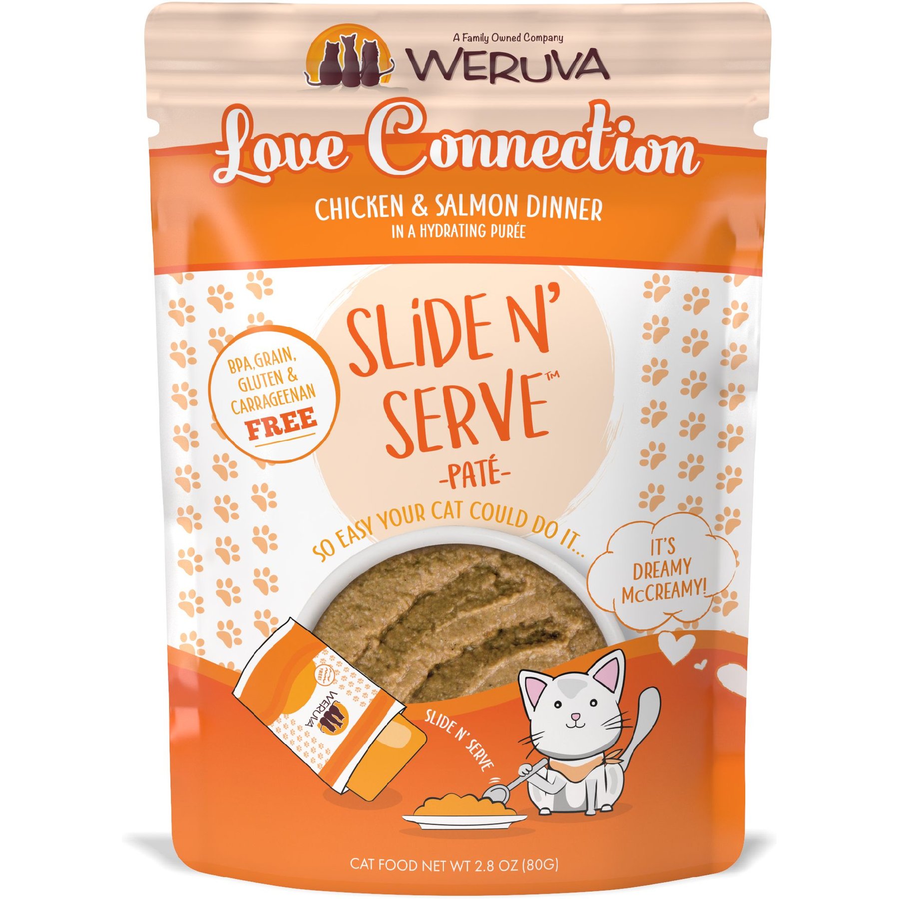 Weruva Slide N' Serve Love Connection Chicken & Salmon Dinner Pate Grain-Free Cat Food Pouches, 2.8-oz pouch, case of 12