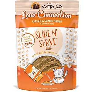 Weruva Slide N' Serve Love Connection Chicken & Salmon Dinner Pate Grain-Free Cat Food Pouches, 2.8-oz pouch, case of 12