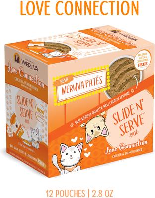 Show full view: Weruva Slide N' Serve Love Connection Chicken & Salmon Dinner Pate Grain-Free Cat Food Pouches, 2.8-oz pouch, case of 12 slide 9 of 13