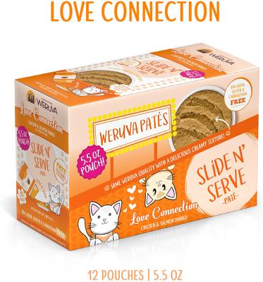 Show full view: Weruva Slide N' Serve Love Connection Chicken & Salmon Dinner Pate Grain-Free Cat Food Pouches, 5.5-oz pouch, case of 12 slide 9 of 13