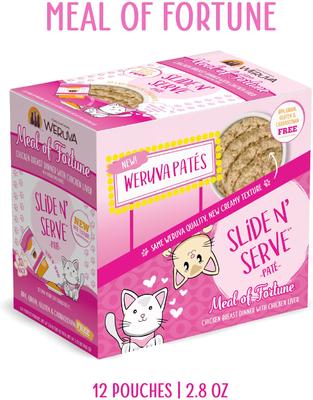 Show full view: Weruva Slide N' Serve Meal of fortune Chicken Breast Dinner with Chicken Liver Pate Grain-Free Cat Food Pouches, 2.8-oz pouch, case of 12 slide 3 of 13