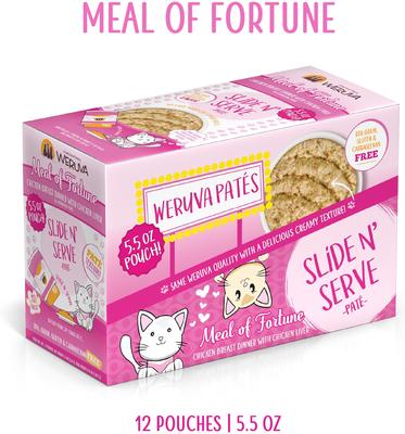 Show full view: Weruva Slide N' Serve Meal of fortune Chicken Breast Dinner with Chicken Liver Pate Grain-Free Cat Food Pouches, 5.5-oz pouch, case of 12 slide 3 of 13