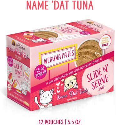 Show full view: Weruva Slide N' Serve Name 'Dat Tuna Tuna Dinner Pate Grain-Free Cat Food Pouches, 5.5-oz pouch, case of 12 slide 3 of 13