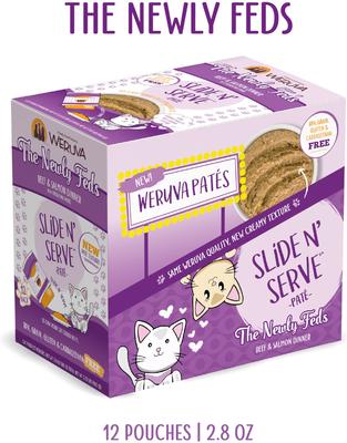 Show full view: Weruva Slide N' Serve The Newly Feds Beef & Salmon Dinner Pate Grain-Free Cat Food Pouches, 2.8-oz pouch, case of 12 slide 3 of 13