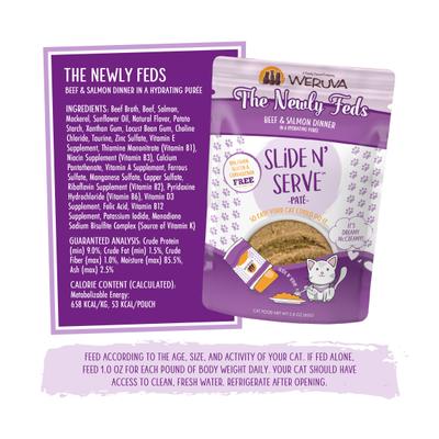 Show full view: Weruva Slide N' Serve The Newly Feds Beef & Salmon Dinner Pate Grain-Free Cat Food Pouches, 2.8-oz pouch, case of 12 slide 8 of 13