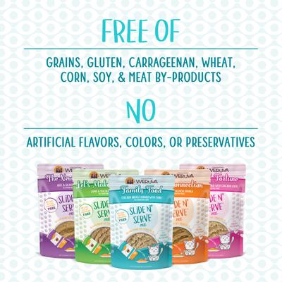 Show full view: Weruva Slide N' Serve The Newly Feds Beef & Salmon Dinner Pate Grain-Free Cat Food Pouches, 5.5-oz pouch, case of 12 slide 5 of 13