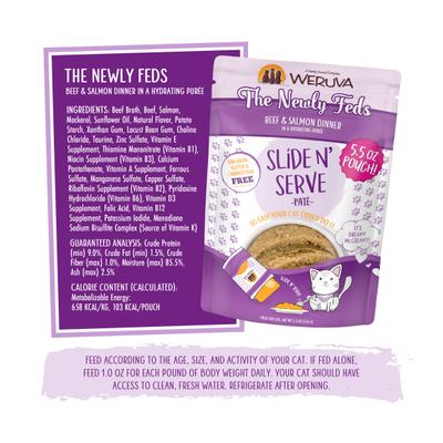 Show full view: Weruva Slide N' Serve The Newly Feds Beef & Salmon Dinner Pate Grain-Free Cat Food Pouches, 5.5-oz pouch, case of 12 slide 8 of 13