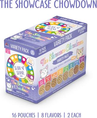 Show full view: Weruva Slide N' Serve The Showcase Chowdown Variety Pack Pate Grain-Free Cat Food Pouches, 2.8-oz pouch, case of 16 slide 3 of 13